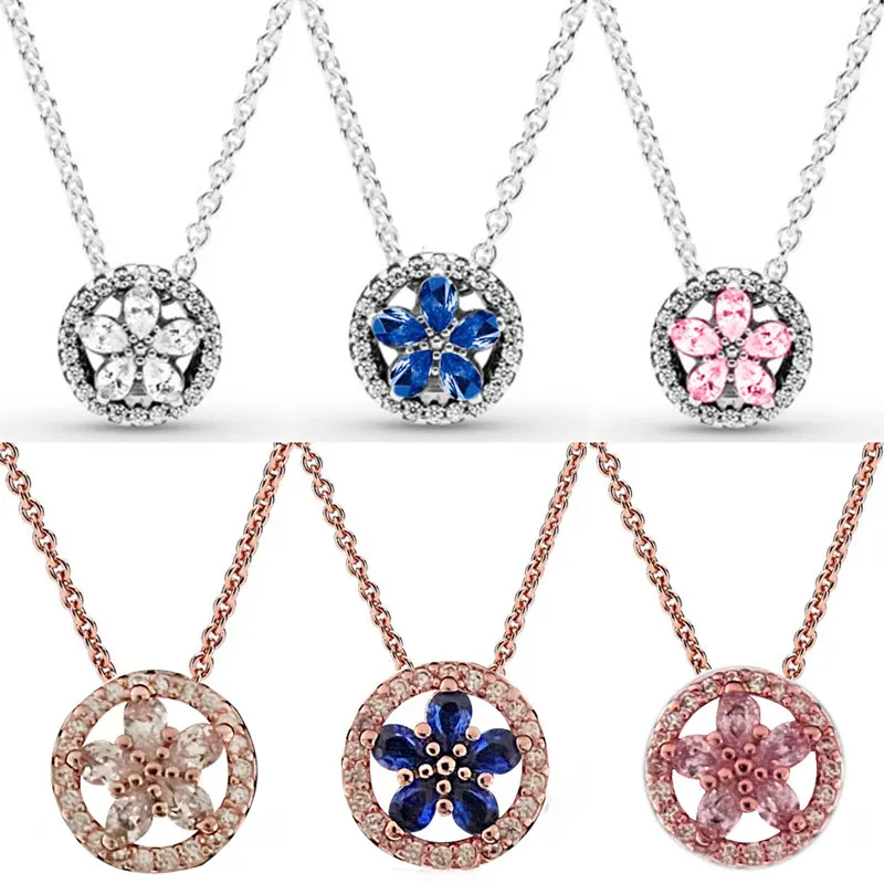 

Rose Sparkling Snowflake Collier With Clear Pink & Blue Crystal 925 Sterling Silver Necklace For Europe Bead Charm Diy Jewelry