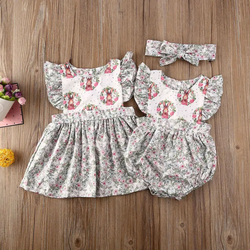 Easter Sunday 2020 Toddelr Baby Girl Sister Matching Floral Rabbit Jumpsuit Bodysuit Or Dress Outfit | Мать и ребенок