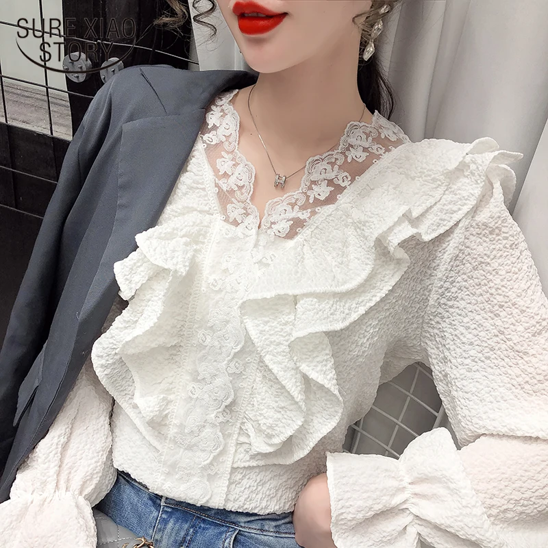 

New Ruffled V-neck Lace Shirt Fashion Female Vintage Slimming Cotton & Linen Blouse Solid Sweet Flare Sleeve Woman's Shirt 13192