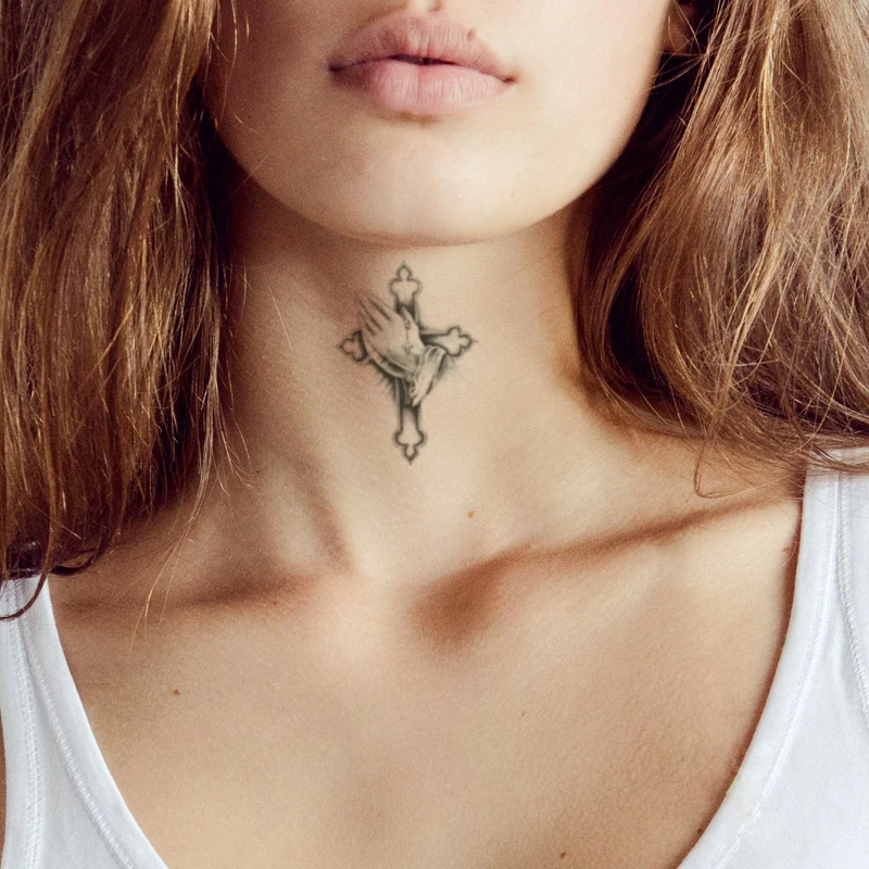 

Temporary Tattoo Stickers Cross Necklace Hands Praying Fake Tatto Waterproof Tatoo Chest Neck Arm Belly Small Size for Women Men