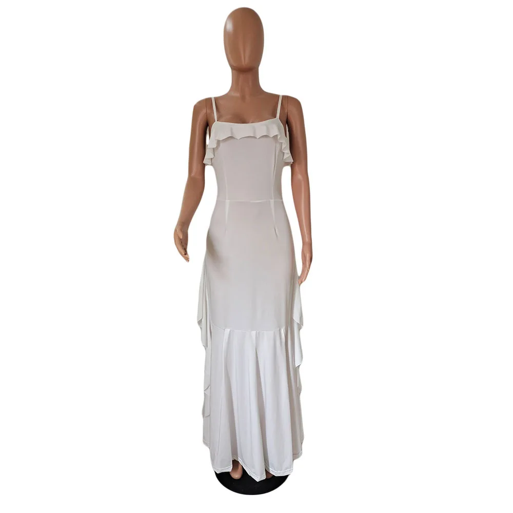 

2021 Summer Dress Elegant Evening Party Solid Spaghetti Straps Floor Length Dresses Off Shoulder Ruffle Festival Vestido Skirts