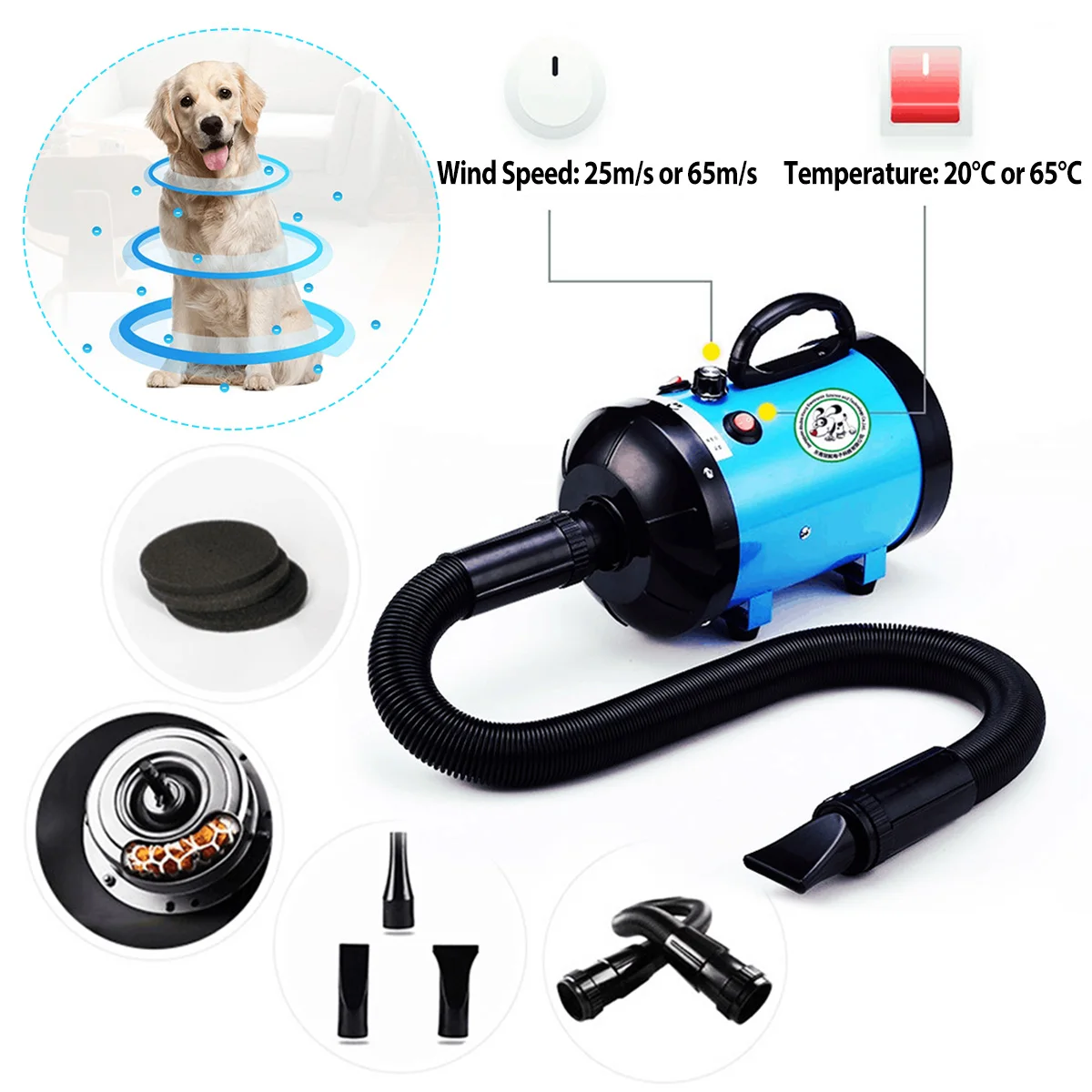 

EU Plug 2800W Pet Dog Cat Hair Dryer Strong-Power Low Noice Grooming Blow Speed Hairdryer Blower Heater With 3 Nozzles