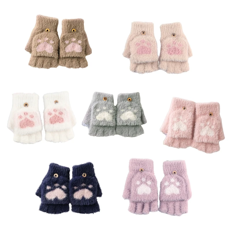 

Cartoon Cat Paw Gloves Winter Knit Gloves Plush Fingerless Gloves with Flip Top P8DB