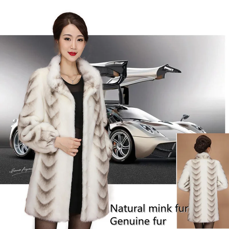 

SHZQ Women's Natural Mink Coat 2021 New Autumn and Winter Long-sleeved Warm Fur, High-end Fashion Mid-length White Temperament W