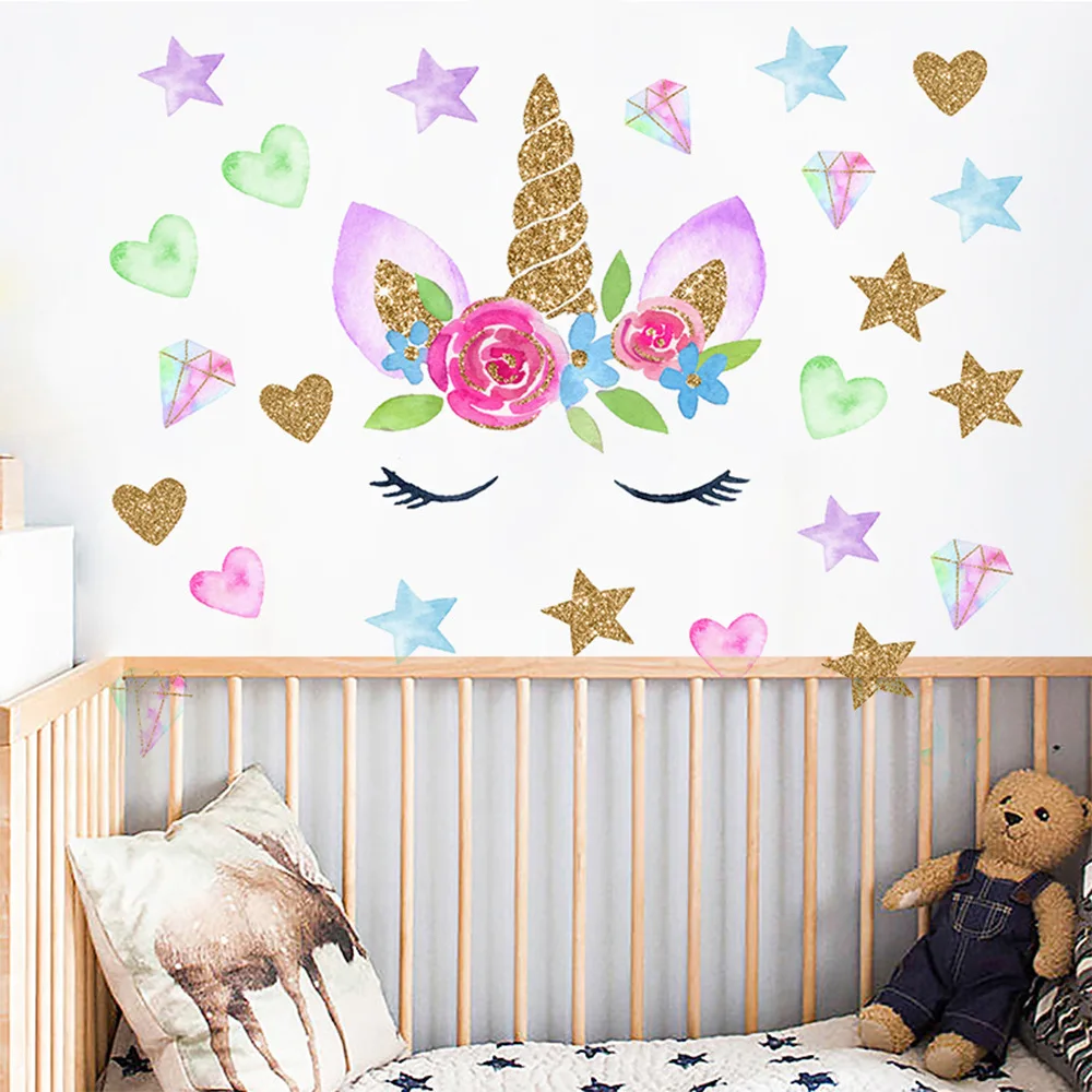 

Colorful Flower Animal Unicorn Wall Sticker 3D Art Decal Sticker Child Room Nursery Wall Decoration Home Decor