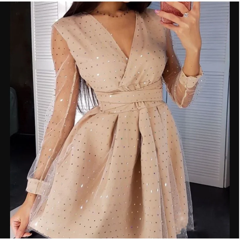 

Mini Women's Dress for New Year 2022 Christmas Party Dot Print V-neck Long Sleeve Dresses Elegant Club Vestido Feminino Robe