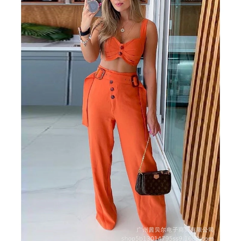 

WEPBEL Women's Sexy Solid Color Slim Suit Summer V-neck Spaghetti Strap Backless Short Vest + Lace-up Straight-Leg Pants Suit