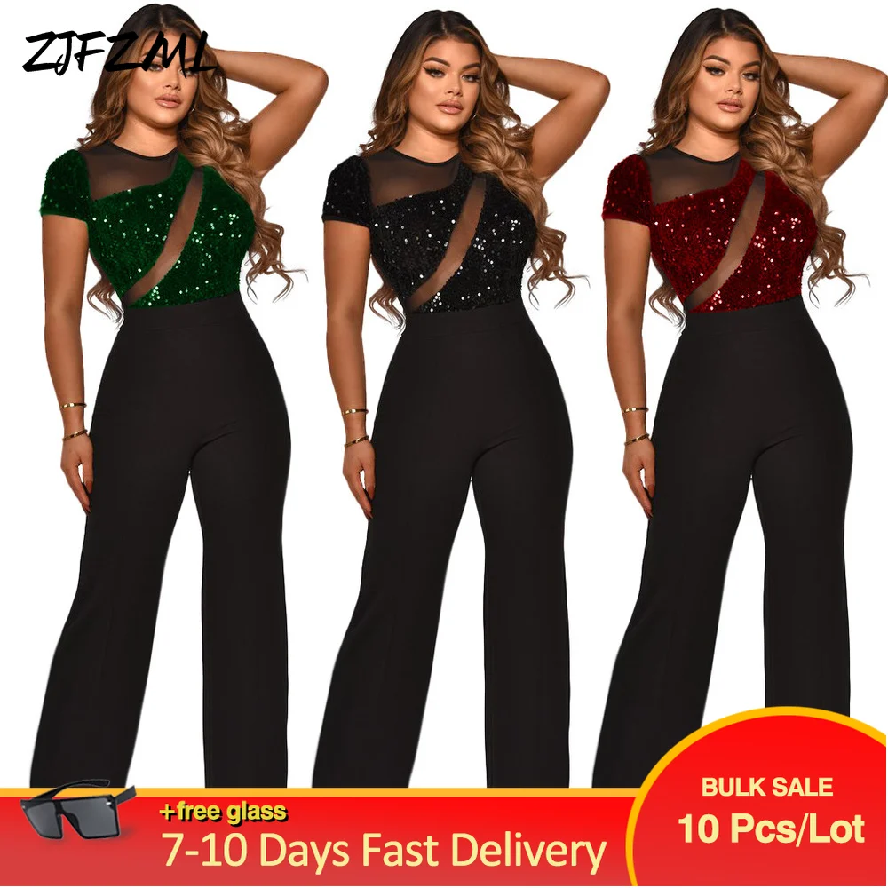 

Wholesale Bulk Items Lots Mesh Sheer Sequin Splice Romper Womens Jumpsuit Transparent Short Sleeve Skinny Flare Wide Leg Overall