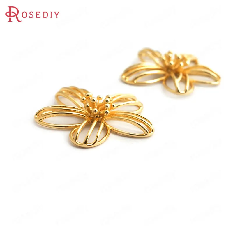 (F146)6 штук 27x25 мм латунные подвески в виде цветка с 24-каратным золотом