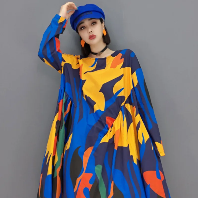 

SHENGPALAE Fashion Casual Chic Printing Dress Women Autumn 2021 New O Neck Loose Long Sleeve Blue Dresses Female Tide 5E2490
