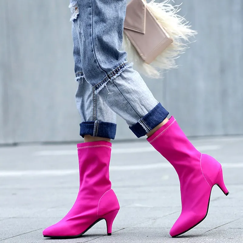 Новинка 2021 женские эластичные ботинки носки с острым носком высокие ботильоны