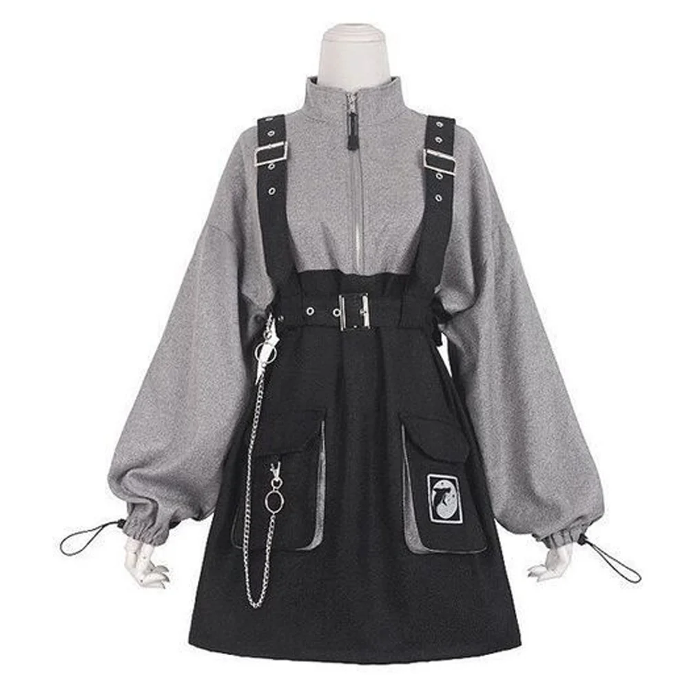 

2021 Retro Vintage Women Gothic Girls Punk Mini Dress High Waist Long Sleeve Hat Collar Sexy Gry Black Lolita New Jurken