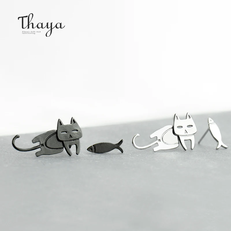 Thaya/модные женские серьги с милым котом и рыбкой из стерлингового серебра S925 пробы, серьги-гвоздики с ушками животных для женщин, милые вечерние подарки - изображение