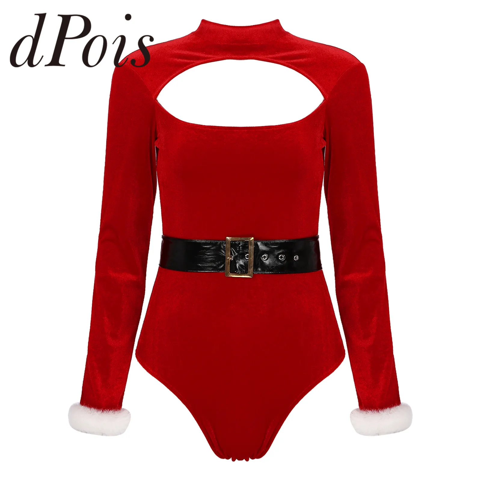 

Red Women Bodysuits Christmas Santa Cosplay Lingerie Jumpsuit Long Sleeves Front Cutout Faux Fur Trimmed Bodysuit Dance Costume