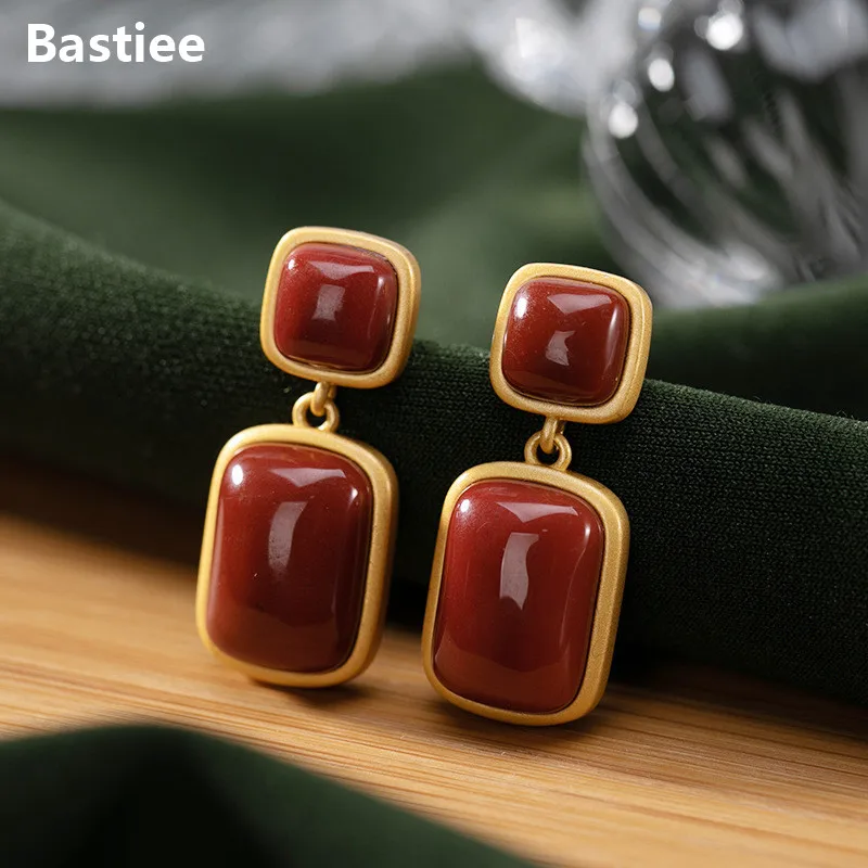 

Bastiee Red Agate 925 Sterling Silver Earrings For Women Office Lady Drop Dangle Earings Fashion Jewelry Gold Plated