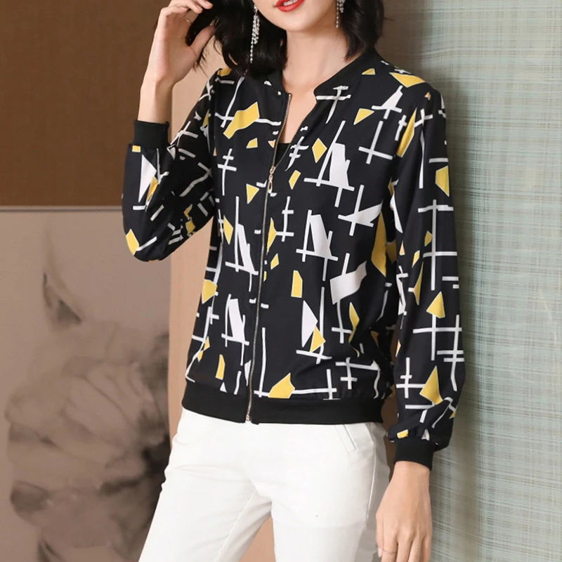 Куртка-бомбер женская с принтом тонкая базовая длинным рукавом Повседневная