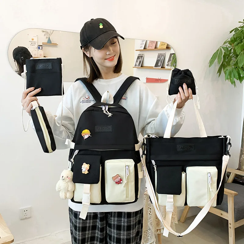 

2021 Fashion Backpack Female College Student Five-Piece Travel Bag Sweet Middle School Student Large-Capacity Canvas School Bag