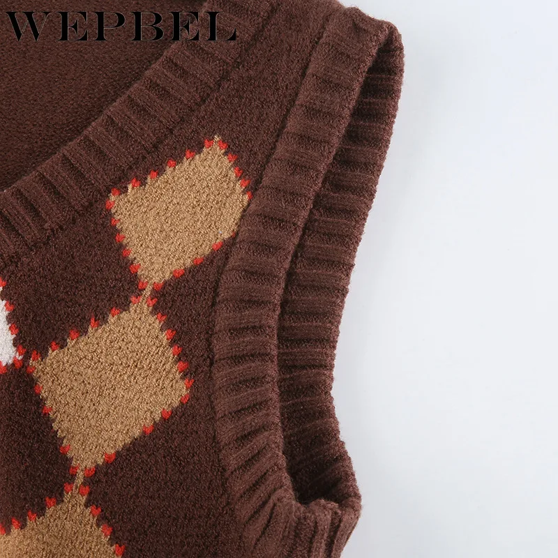

WEPBEL Women Ladies Elegant Sleeveless V Neck Sleeveless Knitwear Autumn Winter Sexy Argyle Plaid Knitted Vest Pullover Sweater