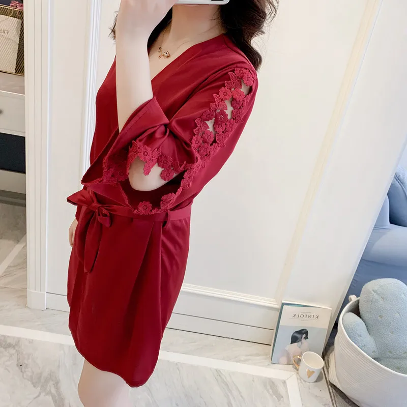 Женский кружевной халат кимоно с цветочным узором и поясом осенняя атласная