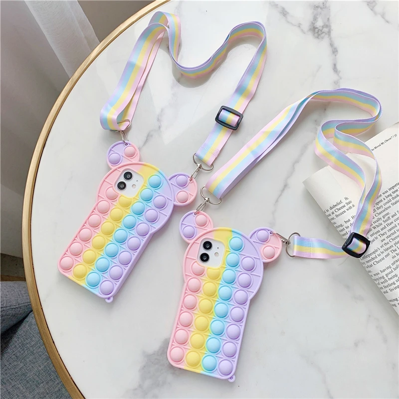 

Cute Cartoon Bear Lanyard Phone Case with Strap for Iphone 11 12 Pro X XS XR SE Soft Shockproof Protection Cover