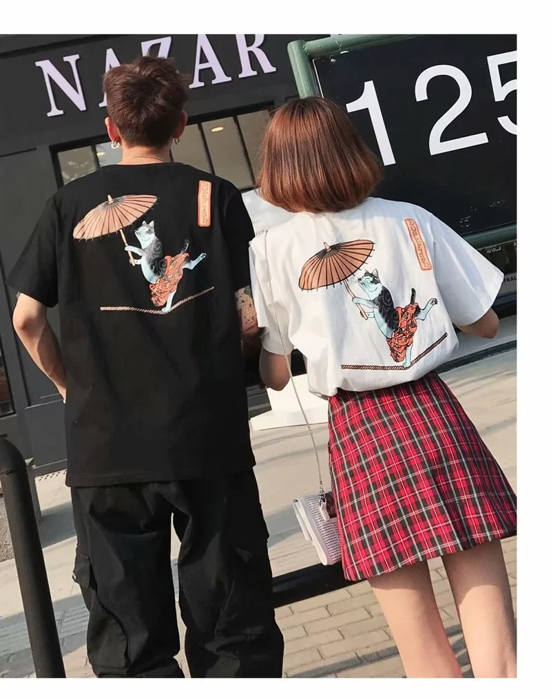 

2021 Summer New Couple Short-Sleeved T-shirt Boys Loose Umbrella Cat Half-Sleeved T-shirt All-Matching T-shirt graphic t shirts
