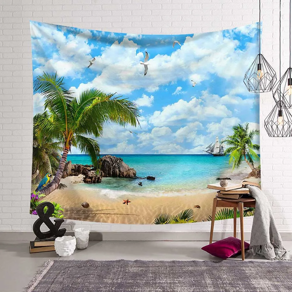 Sea Ocean Beach Polyester Tapestry Hawaiian Style Blue Sky Wall Hanging Tapestries Beach Landscape Bedspread Home Decor Yoga Mat images - 6
