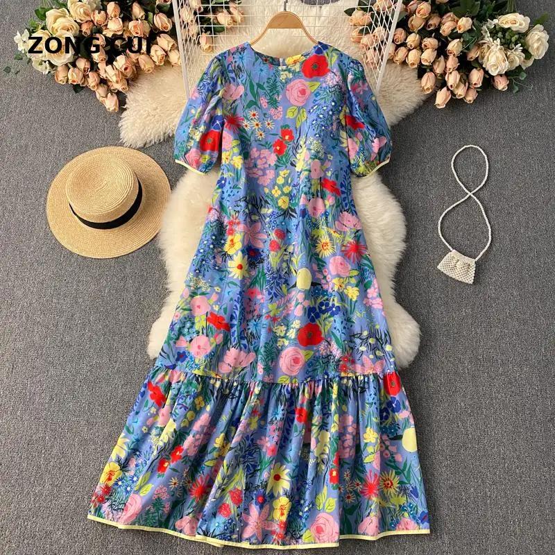 

Women Fashion Print Dress Korean Puff Sleeve O Neck Loose Casual Dresses 2021 Summer Bohemian Vacation Long Sundress
