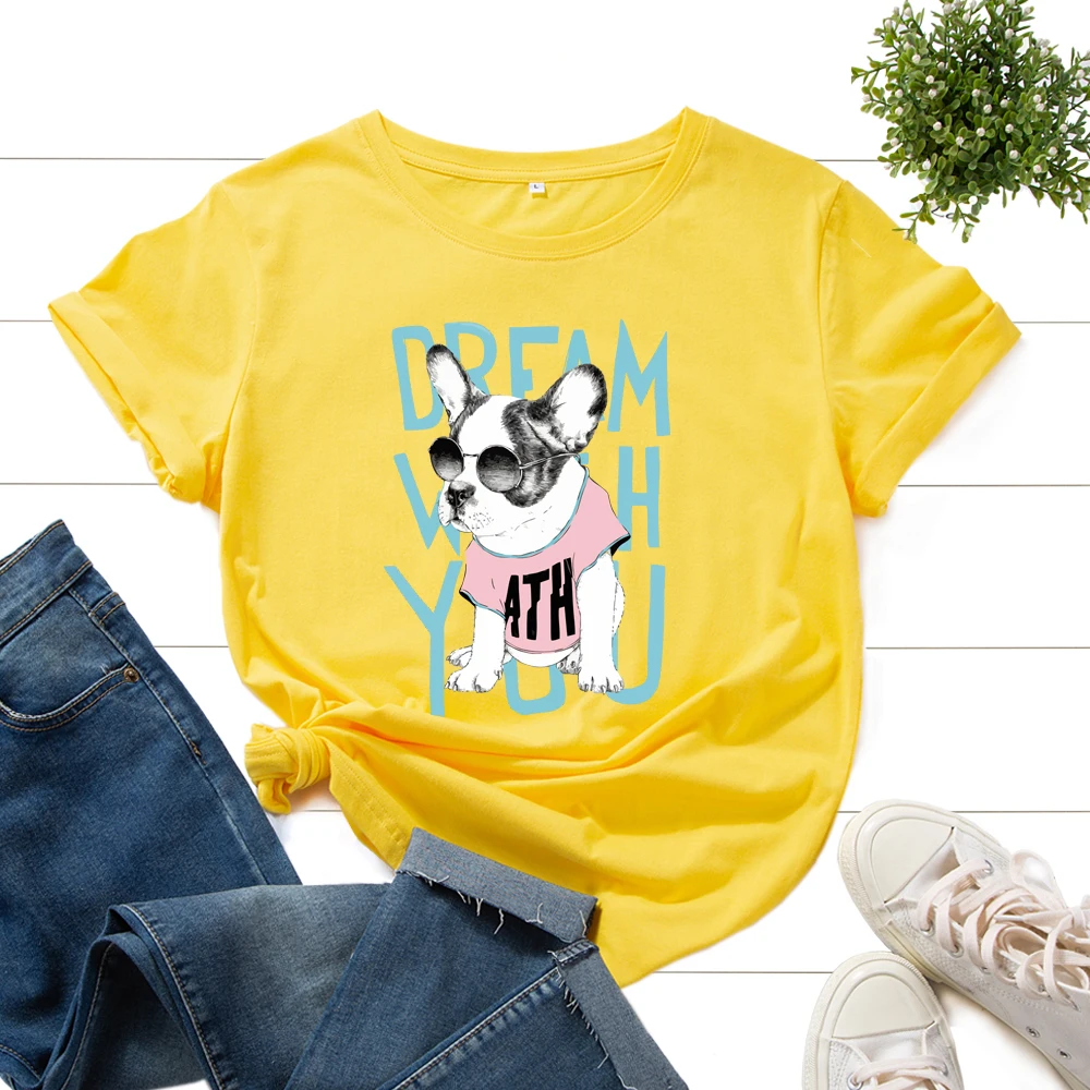 

Women's Graphic T-Shirts Printed Shirt Cotton Tee Short Sleeve Summer Tops Female Tees Clothes Dream What Cute Dog Animal Top