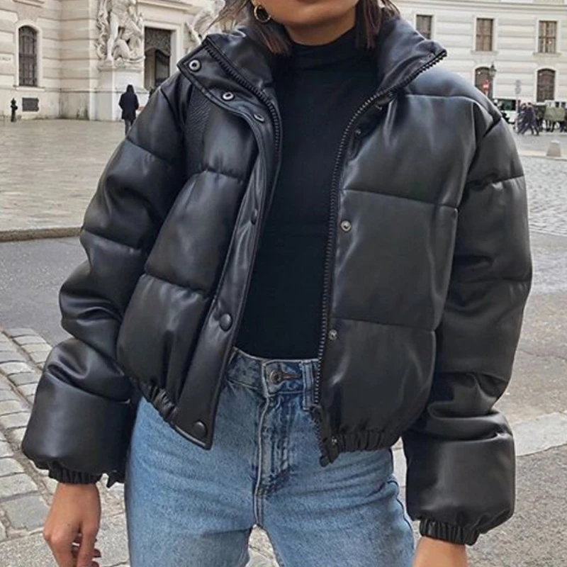 

Женские модные черные пальто из искусственной кожи с воротником-стойкой, зима 2023, плотные теплые короткие парки, элегантные хлопковые куртки на молнии, Женское пальто