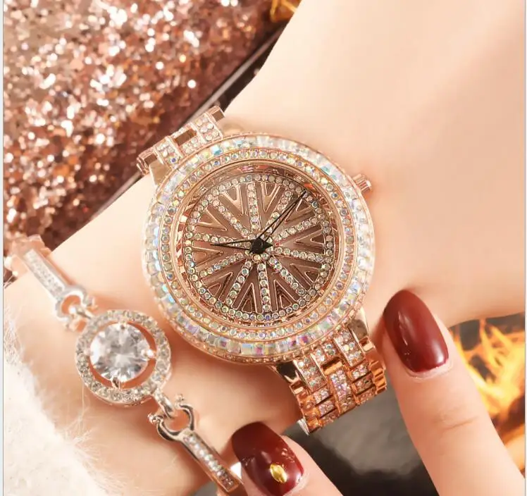Rose gold and color Новинка, роскошные модные женские часы с вращающимся циферблатом, стразы, женские наручные часы с бриллиантами, женские часы - Цвет: Rose gold and color