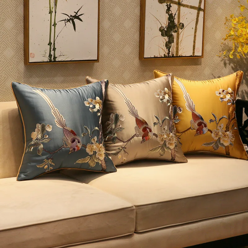 

Cushion Cover Decorative Pillow Case Modern Chinese Traditional Lark Birds Flora Luxury Embroidery Home Sofa Decor 50X50CM