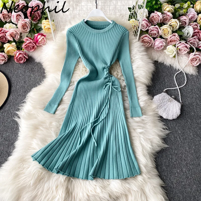 

Neophil 2023 Spring Women Mint Knitted Dresses Draw String Long Sleeve Screw Thread Fit And Flare Pullover Sweater Dress D211120