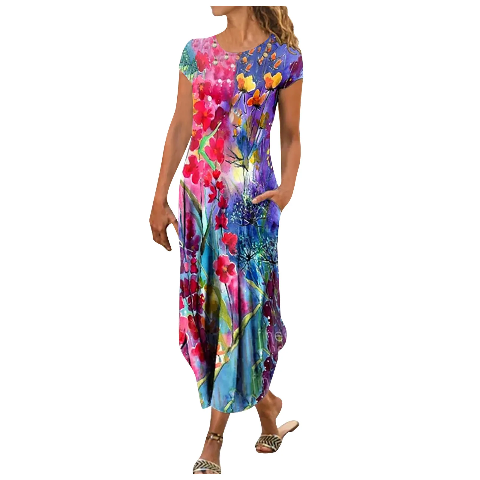 

Women Summer O-neck Folk-custom Plus Size Print Loose Short Sleeve Long Dress Bohemian Female Printed Robe Short Sleeve Vestidos