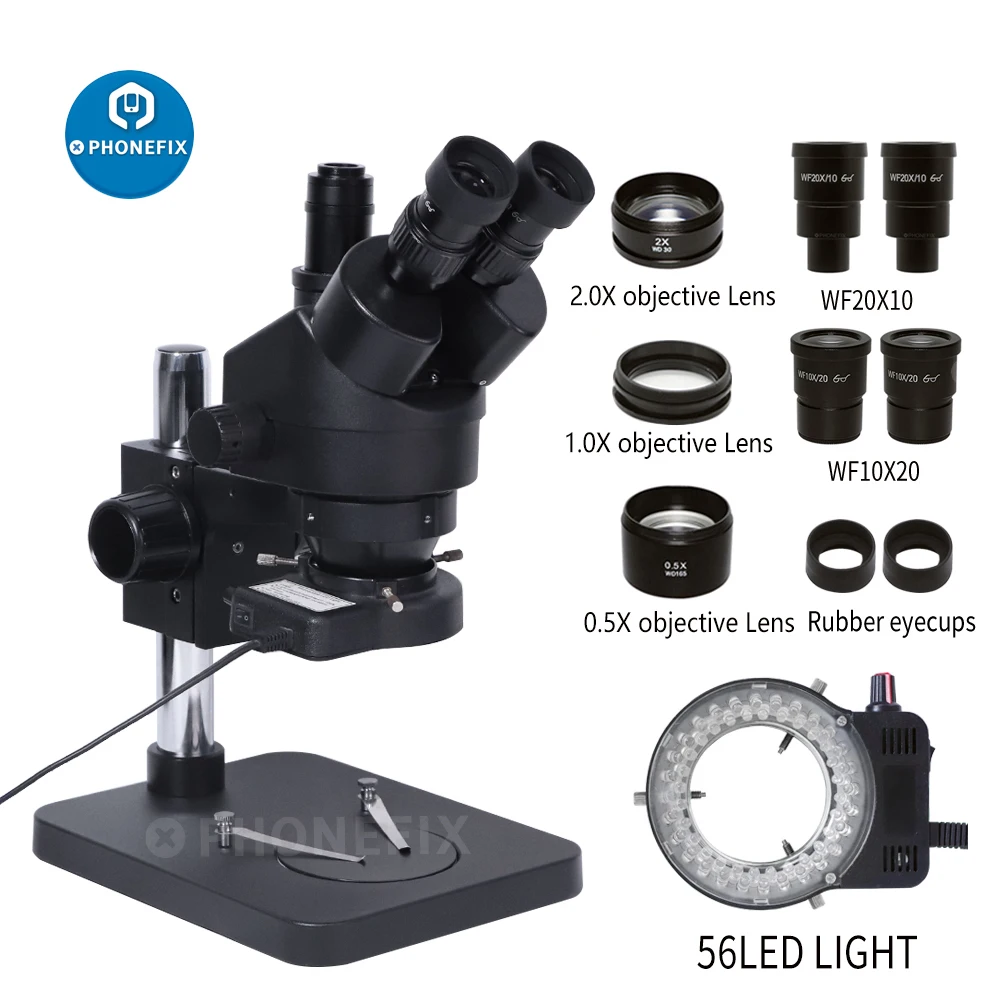 

Simul-Focal Trinocular Stereo Microscope Continuous Zoom 7X-45X 3.5X-90X 3.5X-180X 56 LED Lamp For Phone PCB Repair Soldering