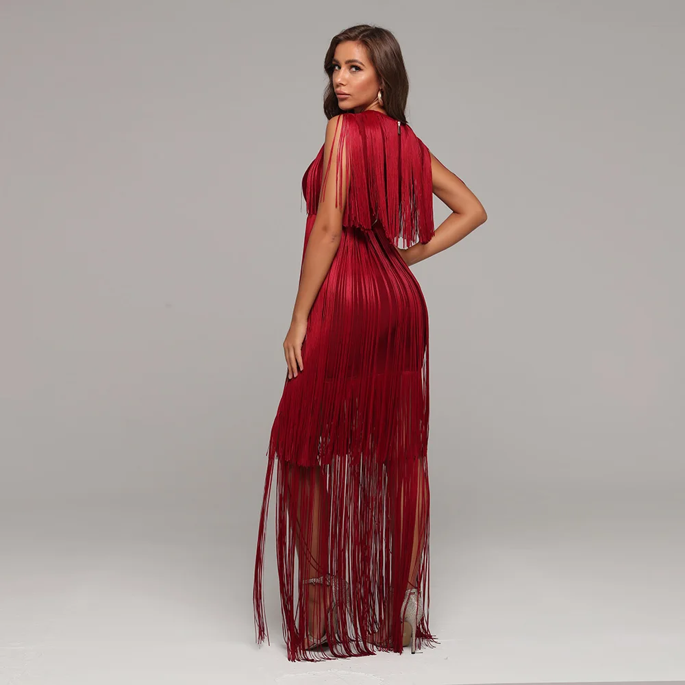 Длинное платье без рукавов с кисточками Бандажное сексуальное вечернее Клубное