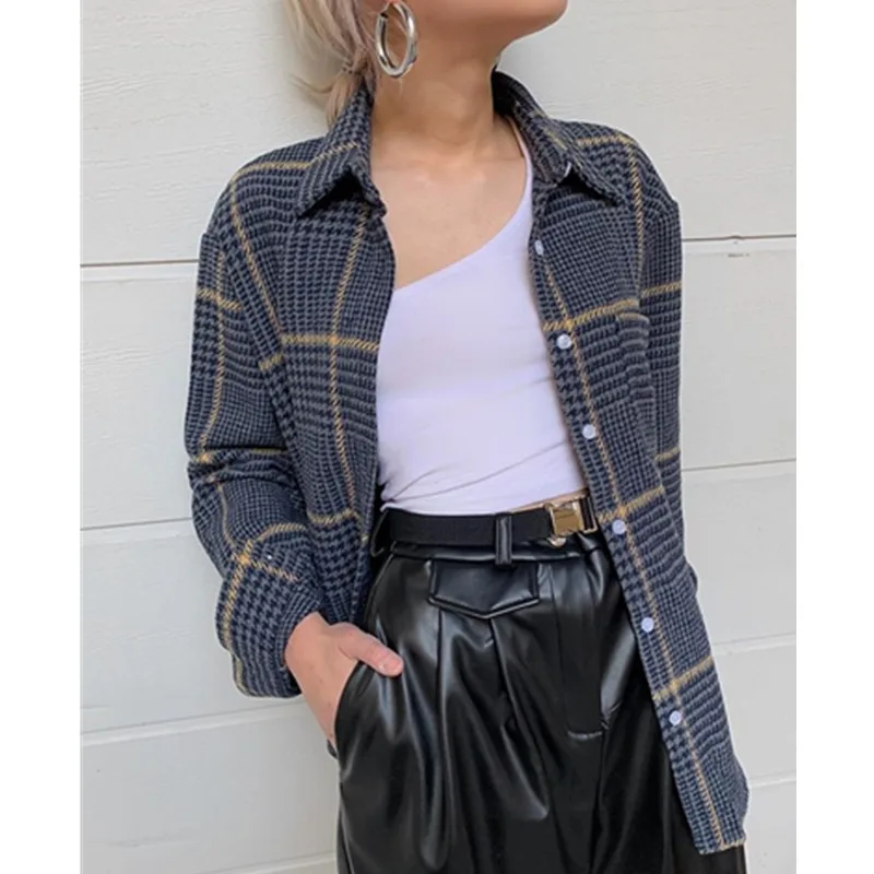 

Женский клетчатый Блейзер, темно-синий Повседневный Кардиган, стильная рубашка, блейзер, офисный однобортный деловой костюм, 2021
