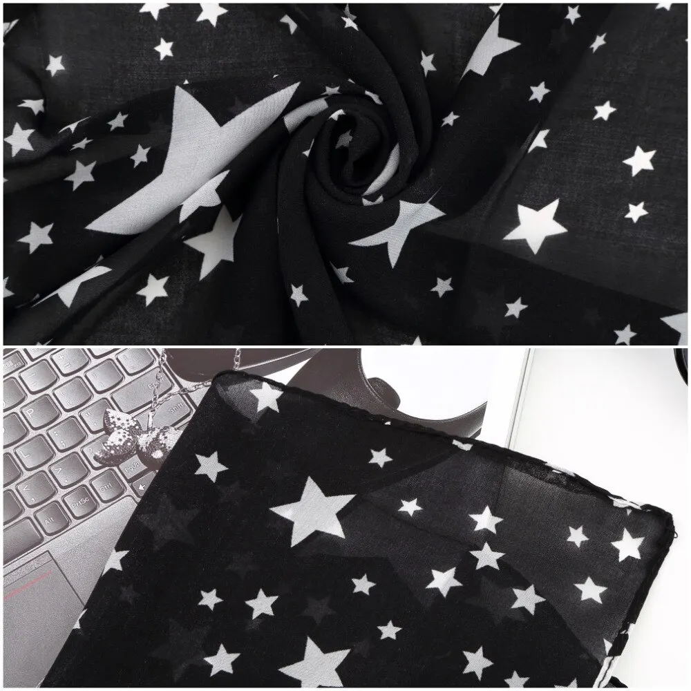 

Elegant Women Winter Necessity Black White Stars Scarf Chiffon Shawl Spring Long Stole Large Soft Muffler Scarf 2021 Hot