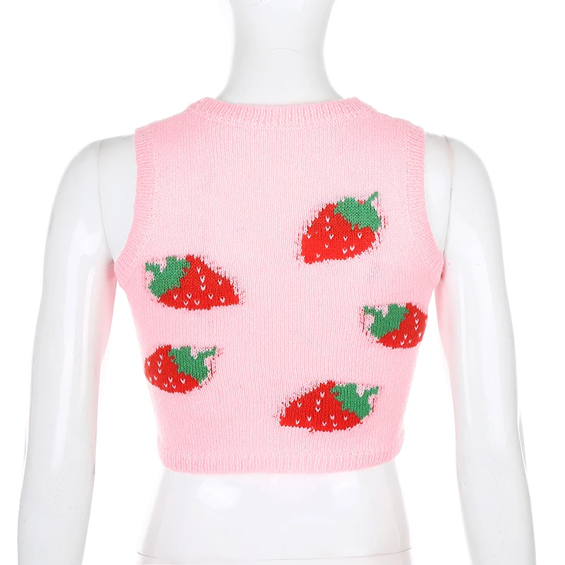 

Tops Women Sweater Vest O Neck Sleevelss Knitted Vests Tops Women y2k Tops Preppy Style Strawberry Cute Autum Crop Top