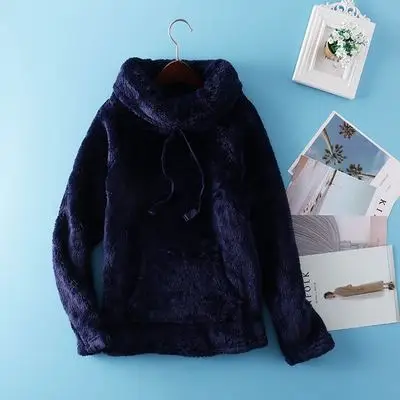 Dark blue Зимние женские модные свободные черепахи шеи Мягкие флисовые повседневные ночные рубашки женские трендовые цветные термо lounge верхняя одежда для сна Топ - Цвет: Dark blue
