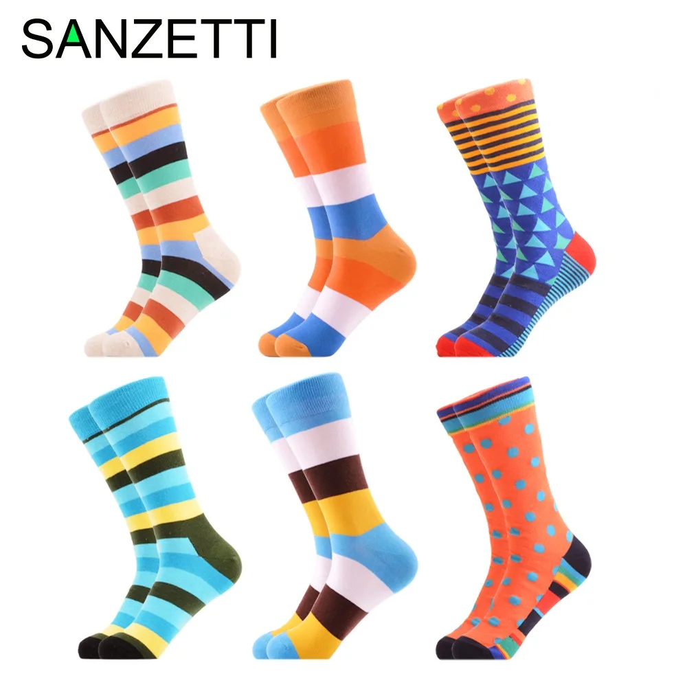 SANZETTI 6 пар/лот мужские горячая Распродажа повседневные чесаные хлопковые носки полосатые мягкие платья Удобные свадебные подарочные креативные носки