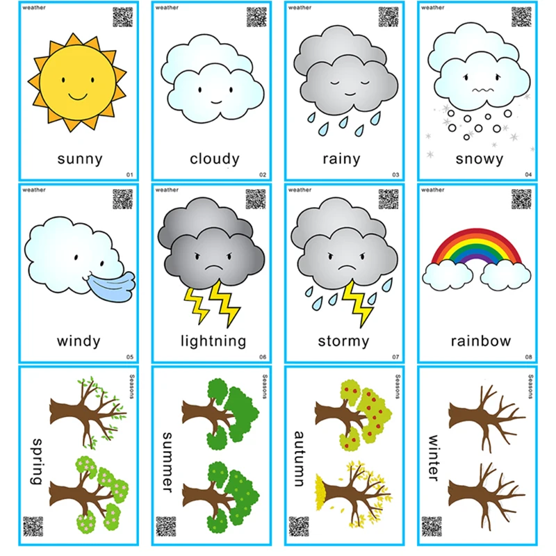 12 шт. Детские карты со словами сезон погоды английский дети флэш-карты Солнечная