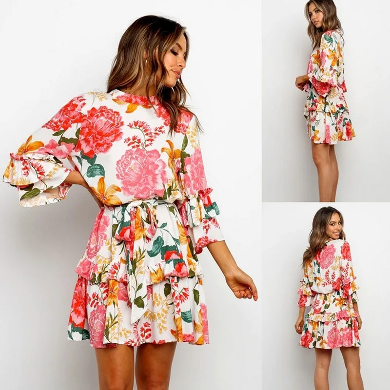 

Boho Beach Dresses Summer Flower Sundress Women Ruffles Sleeve Floral Mini Dress Elegant Ladies Evening Party Club Dress Femme