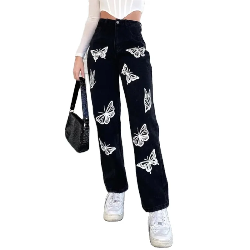 

#1529 Black Boyfriend Jeans For Women Butterfly Printed Women's Jeans Loose Straight Street Wear Jeans High Waisted Denim Jeans