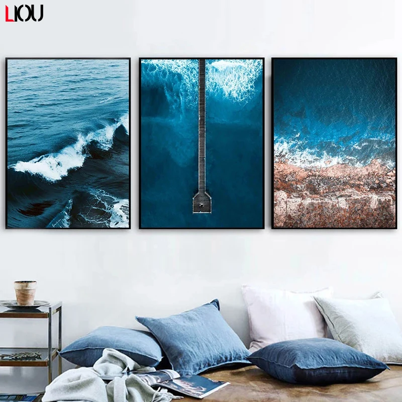 Картина на холсте в скандинавском стиле с рисунком морской волны | Дом и сад