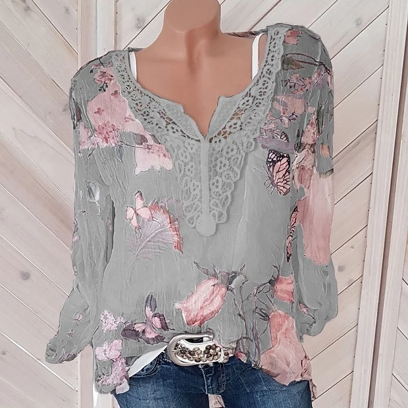

New Fashion Plus Size Chiffon Shirt Sexy V-Neck Nine Quarter Sleeve Summer Blusas Feminina Tops Print Women Blouse