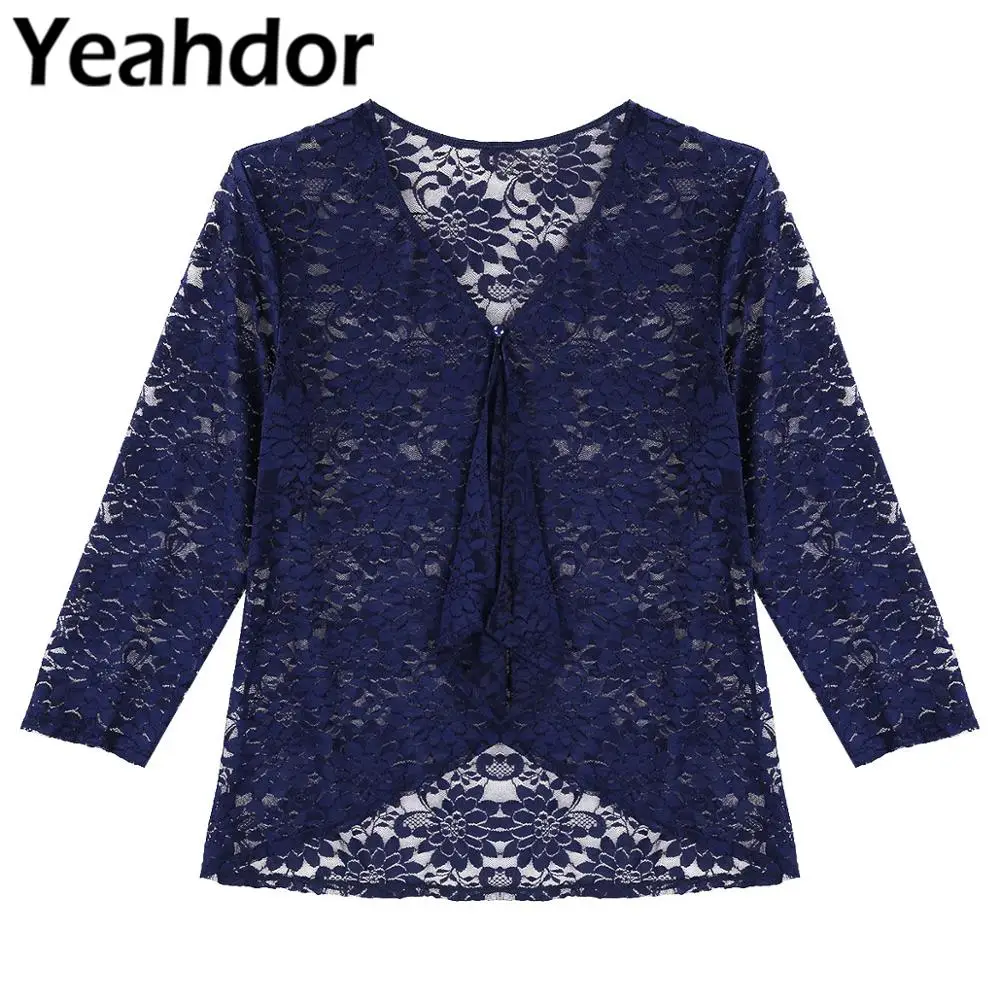 Женский кружевной кардиган открытые топы с рукавами 3/4 и V образным