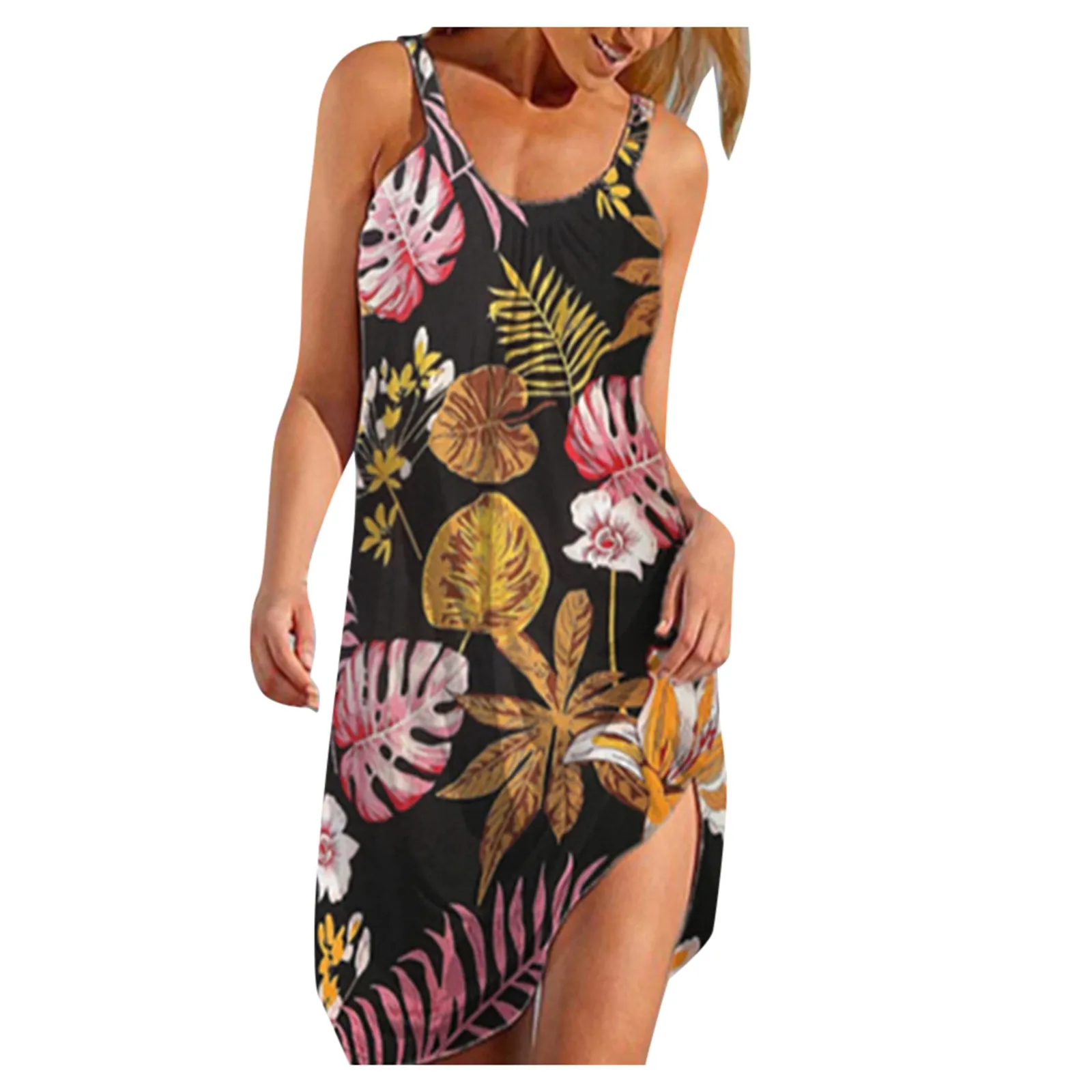 

Women Beach Dress 2021 Summer Casual Sexy Print Dress Woman Sleeveless Vintage Bohemian O-neck Dresses