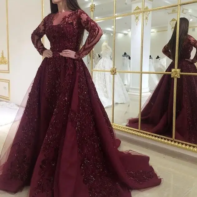 

Vestido De Festa Saudi Arabic Evening Party Dresses Full Sleeve New Abiye Applique Beaded Formal Prom Gown Purple Abendkleider