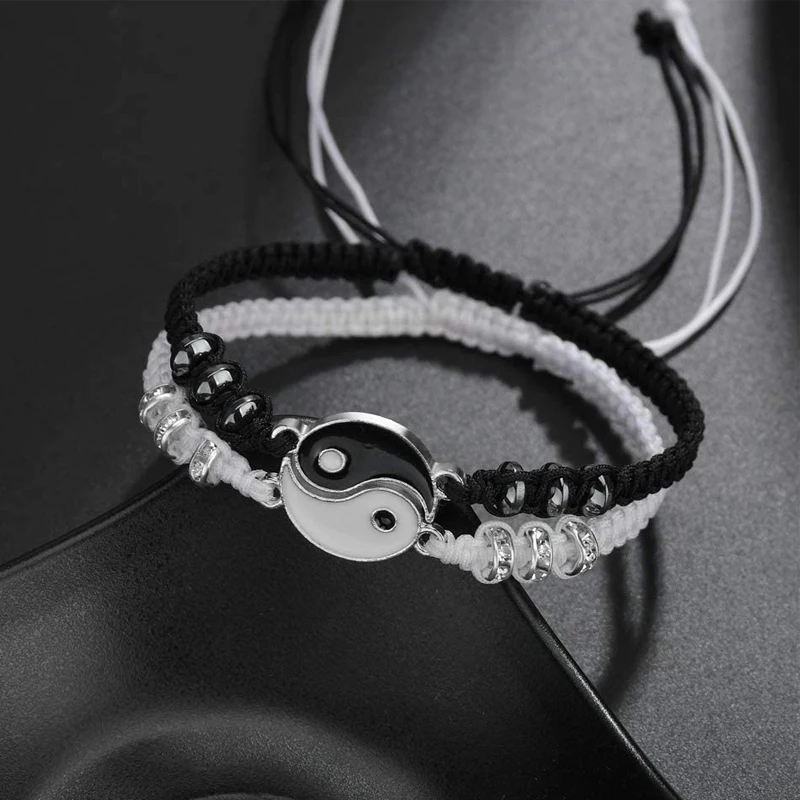 

Two-piece Couple Bracelets Hematite Leather Cord Braid Chain Bracelet Chinese Tai Chi Alloy Pendant Woven Lover Bracelet Gift