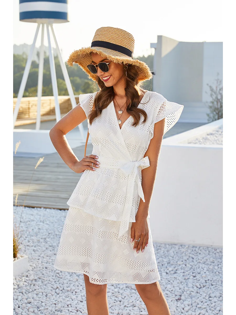 

New casual Women's dresses clothing Fashionable Summer Dress Summer new women's hollow V-neck short-sleeved strappy cake dress